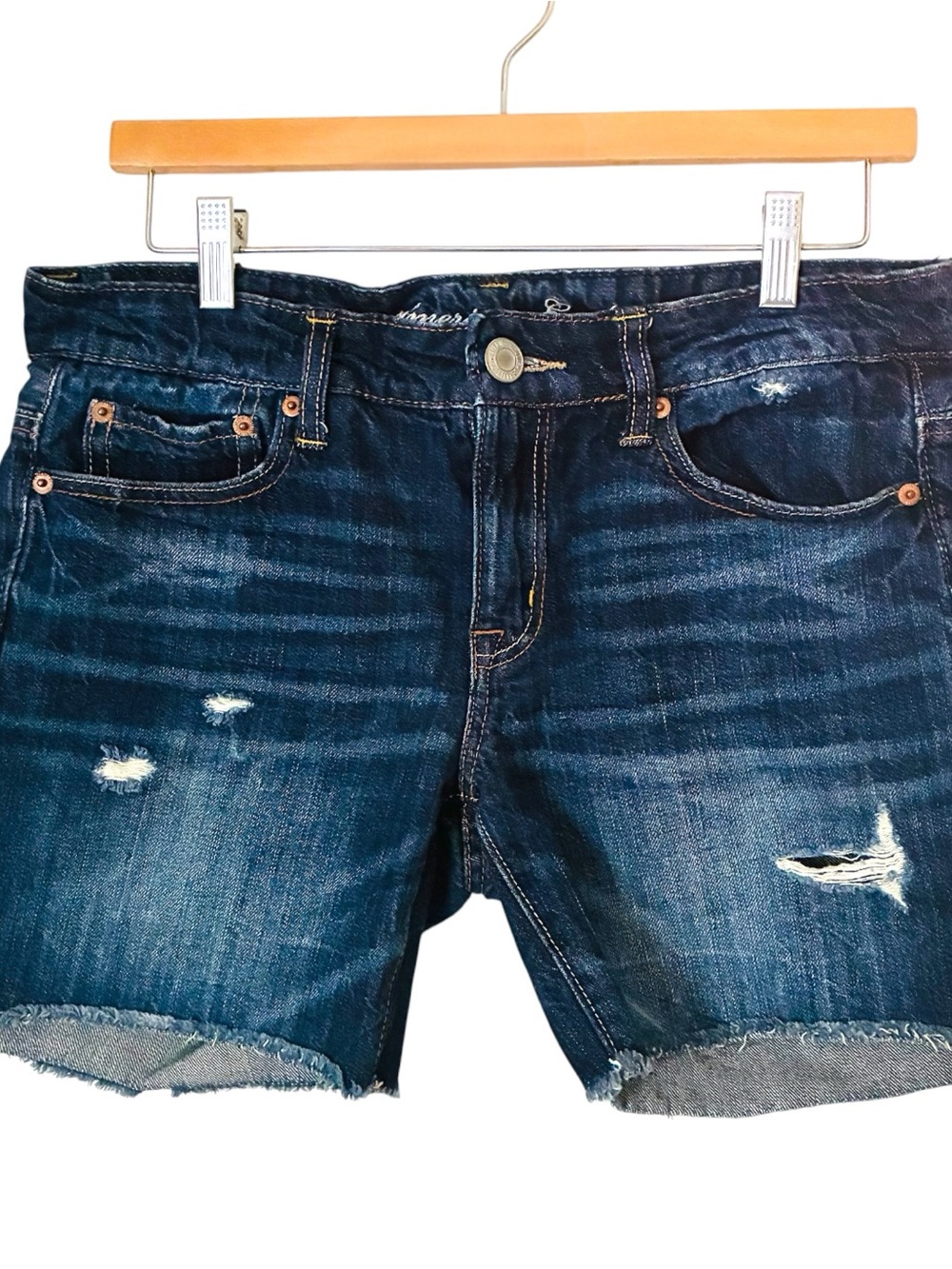 AE American Eagle Outfitters Sz 4 27 Blue Denim Distressed Frayed Shorts